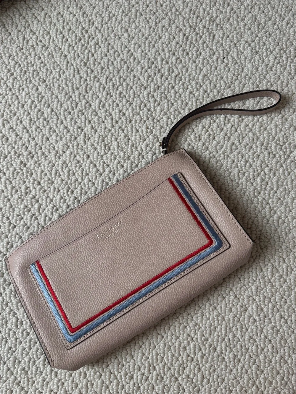 kate spade Blush Pink Leather Wristlet with Blue and Red Trim